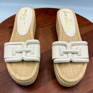 Sam Edelman Pauleena Ivory Leather Raffia Wedge Slide Sandals Womens 9.5 Resort